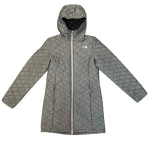 The North Face ThermoBall Hooded Quilted Jacket Long Womens Small Gray Zip Logo